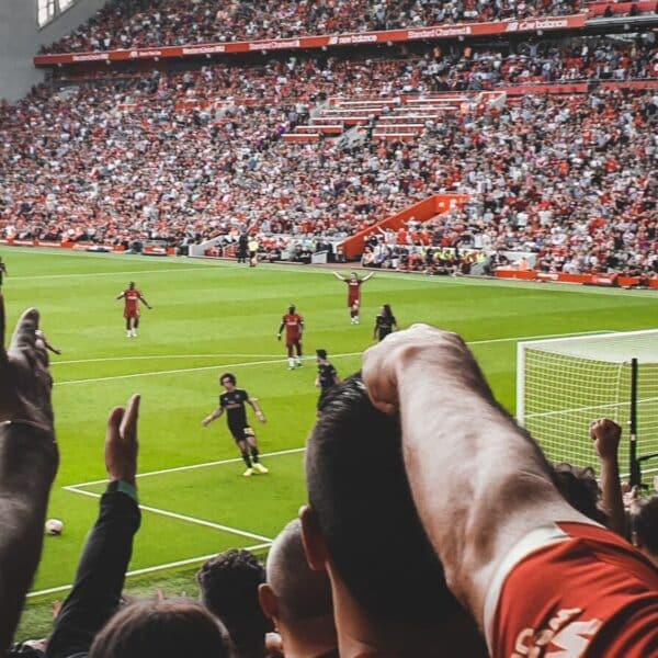 a crowd of people watching a soccer game