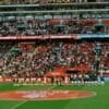 Crowd watches teams line up on a sports field.