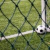 A soccer ball sitting on top of a field next to a goal