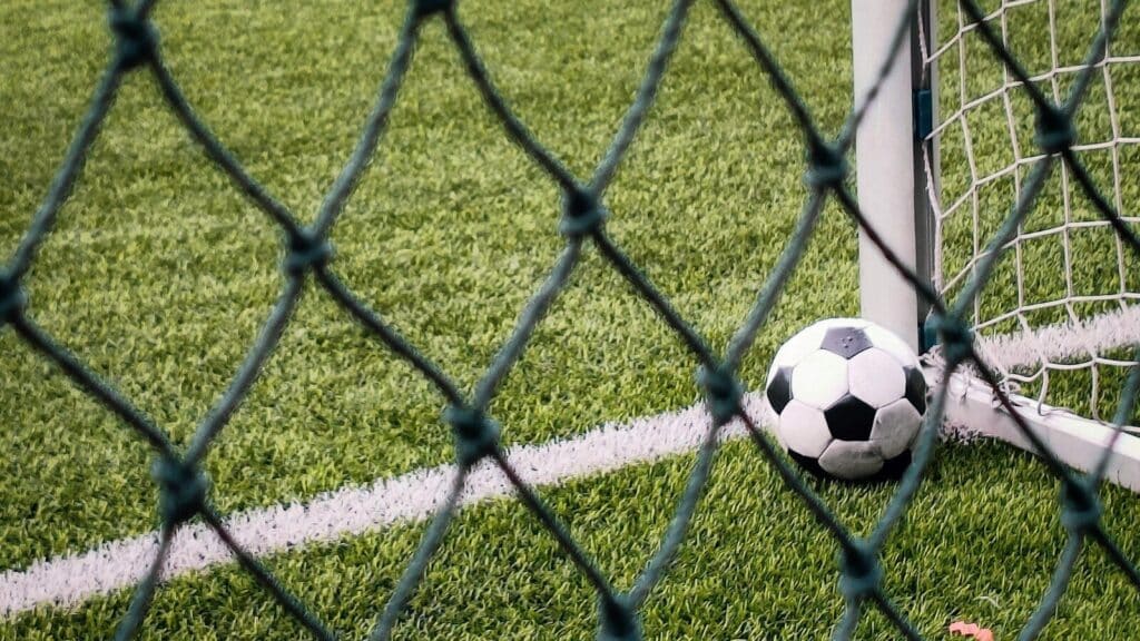 A soccer ball sitting on top of a field next to a goal