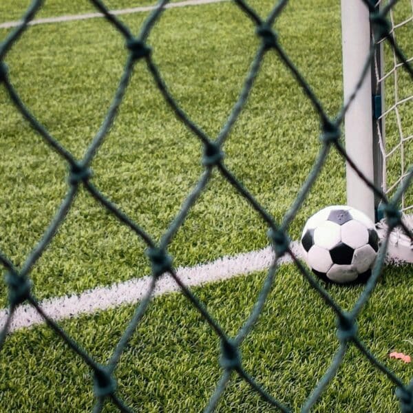 A soccer ball sitting on top of a field next to a goal